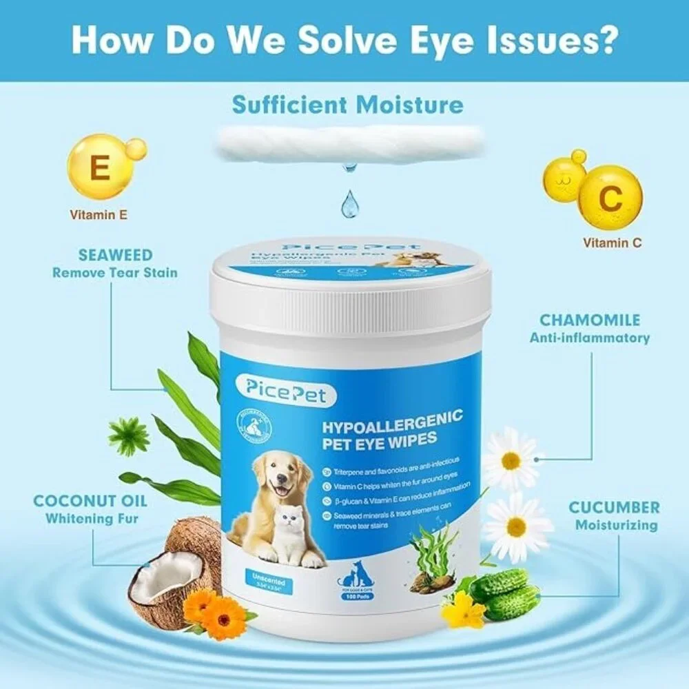 Hypoallergenic Eye Wipes for Dog & Cats, 100 Pcs Plant-Based Tear Stain Remover